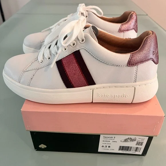 kate spade White Sneakers with Burgundy Stripe Detail - Picture 3 of 9